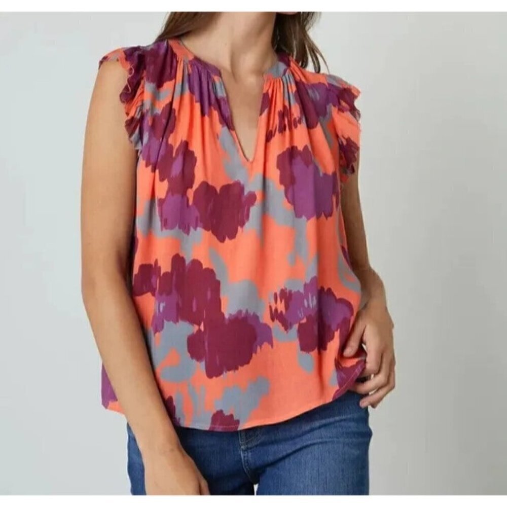 Velvet Graham & Spencer Alva Top Size XS Coral Pink Watercolor Flutter Sleeve